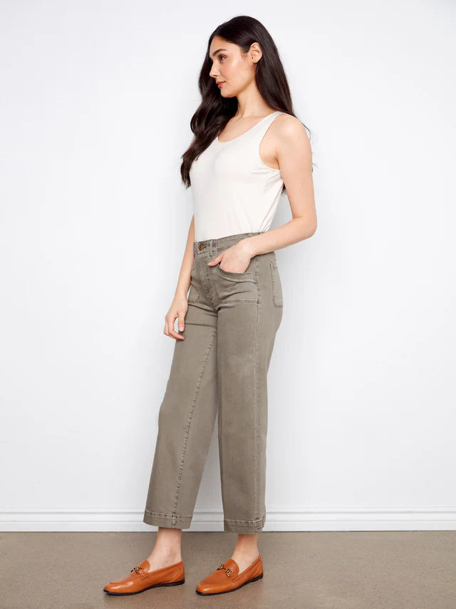 CHARLIE B CROPPED WIDE LEG TWILL PANT - SAGE - Vi-Leen's Fashions