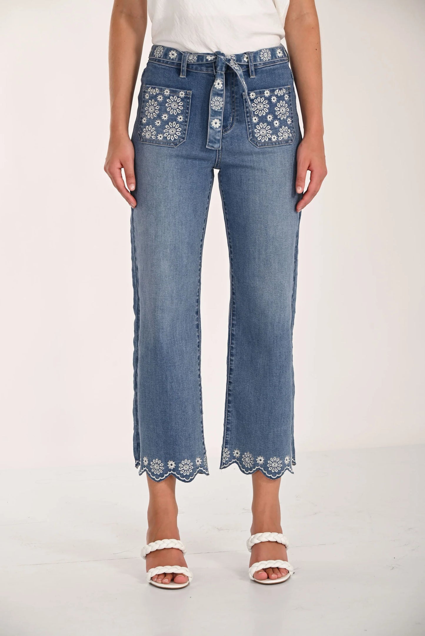 FRANK LYMAN EMBROIDERED BELTED DENIM CROP PANT - Vi-Leen's Fashions