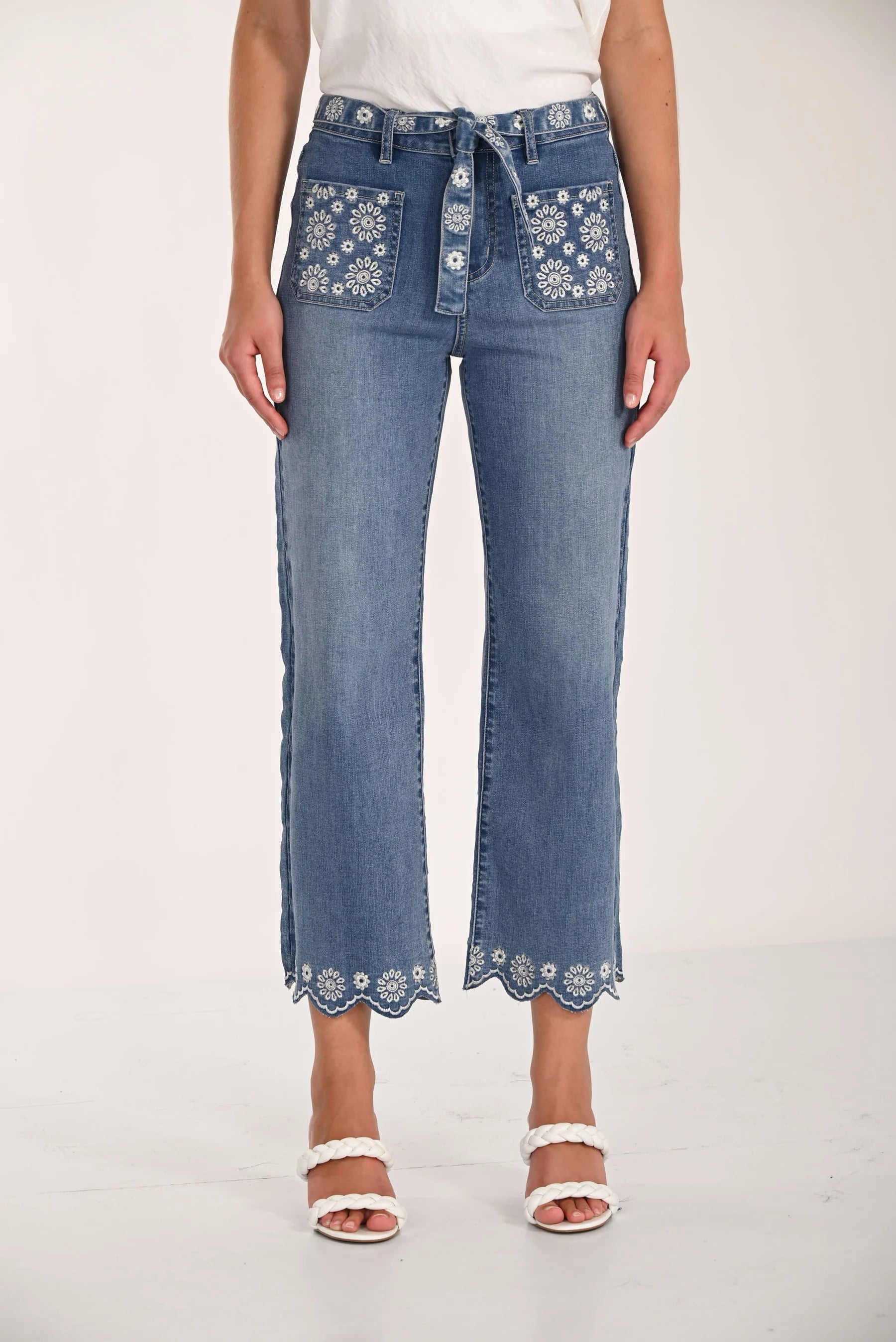 FRANK LYMAN EMBROIDERED BELTED DENIM CROP PANT - Vi-Leen's Fashions