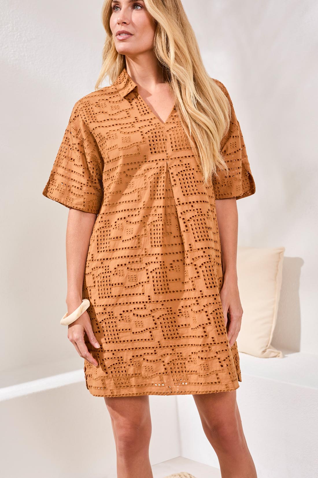 TRIBAL V-NECK COLLAR TUNIC DRESS - CHESTNUT - Vi-Leen's Fashions