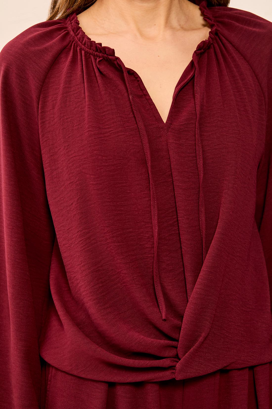 TRIBAL RAGLAN SLEEVE BLOUSE WITH FRONT KNOT - CHERRY LACQUER