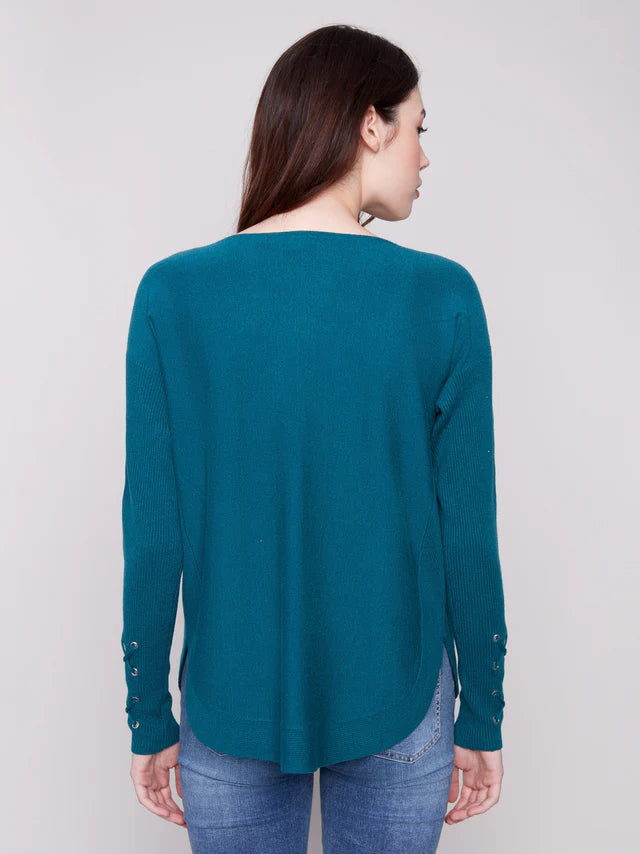 CHARLIE B ROUND HEM LACE DETAIL SLEEVE SWEATER - EVERGREEN