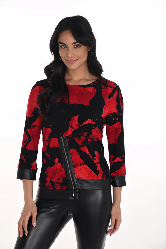 FRANK LYMAN TOP WITH FAUX LEATHER TRIM - RED/BLACK