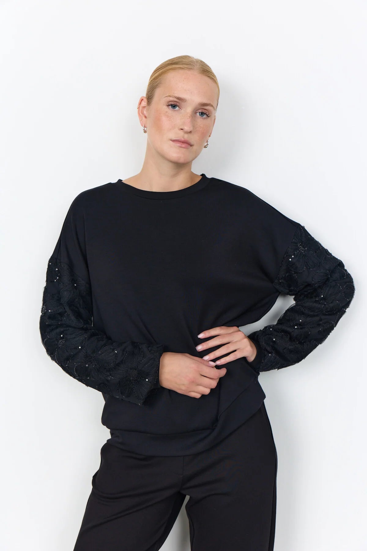 SOYACONCEPT BANU EMBROIDERED SEQUINS SLEEVE PULLOVER - BLACK - Vi-Leen's Fashions
