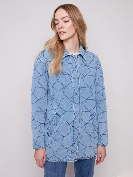 CHARLIE B STAR QUILTED DENIM JACKET - LIGHT BLUE