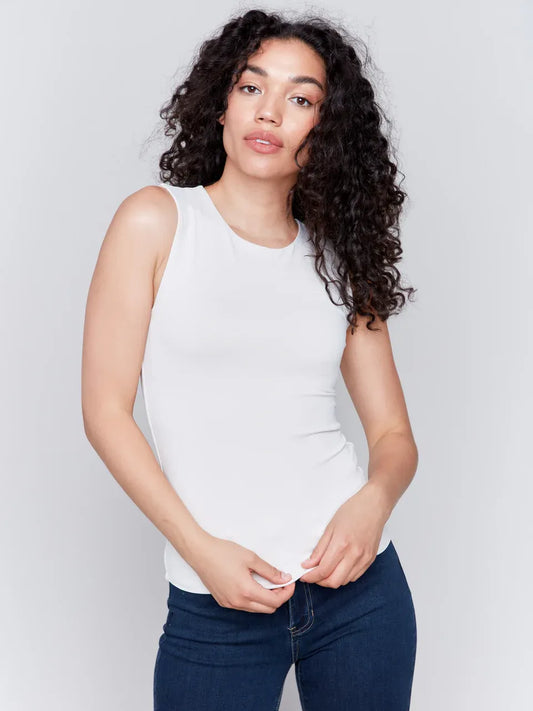 CHARLIE B DOUBLE CLOTH SLEEVELESS CREW NECK TOP - NATURAL - Vi-Leen's Fashions