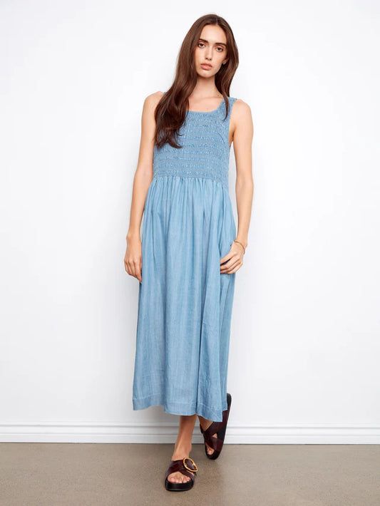 CHARLIE B TENCEL MAXI DRESS WITH SMOCKED BODICE - SOFT BLUE - Vi-Leen's Fashions