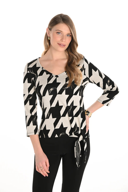 FRANK LYMAN V-NECK TOP WITH TIE FRONT - BLACK/BEIGE