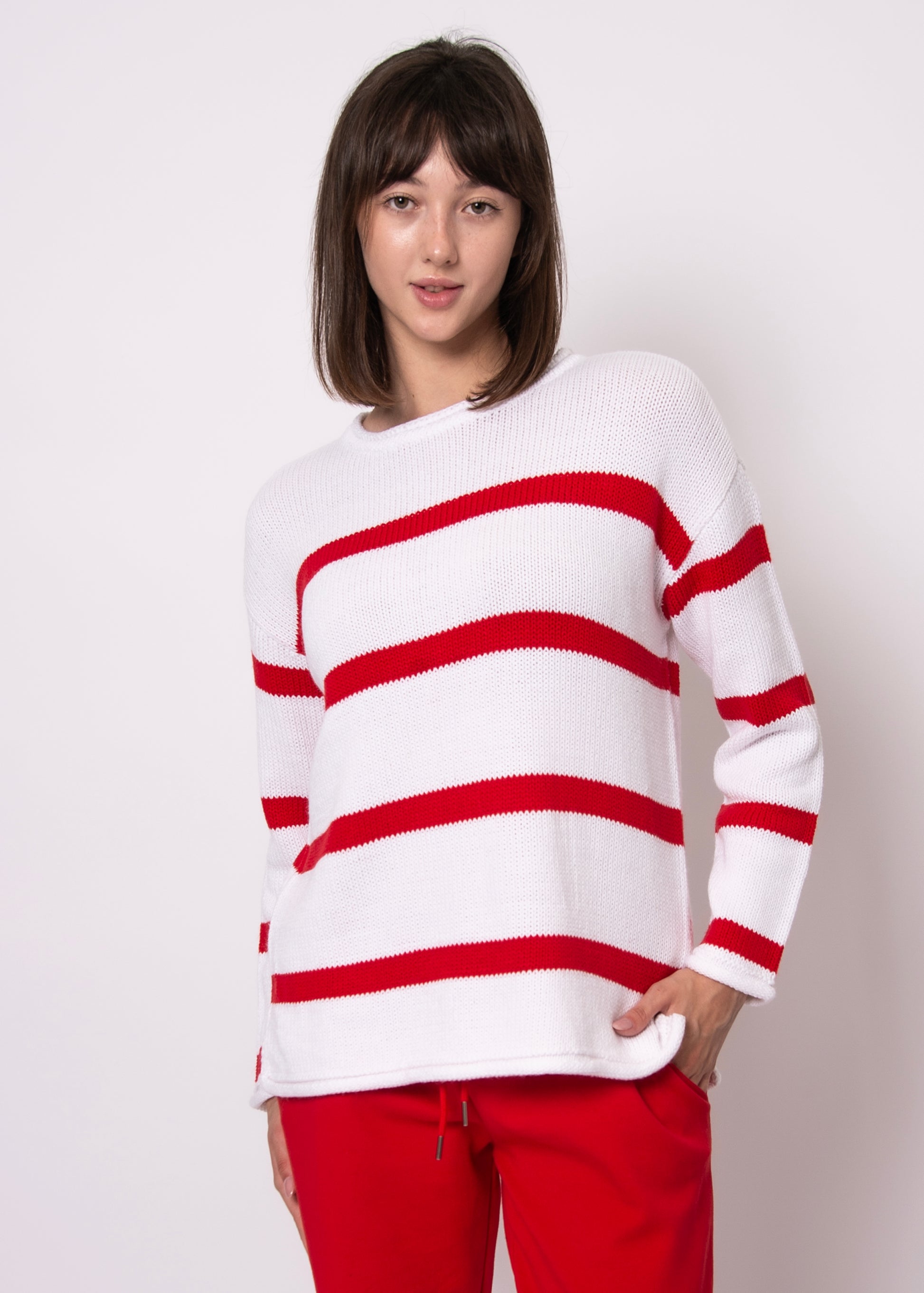 RD STYLE KIRI CREW NECK PULLOVER - WHITE/RED - Vi-Leen's Fashions