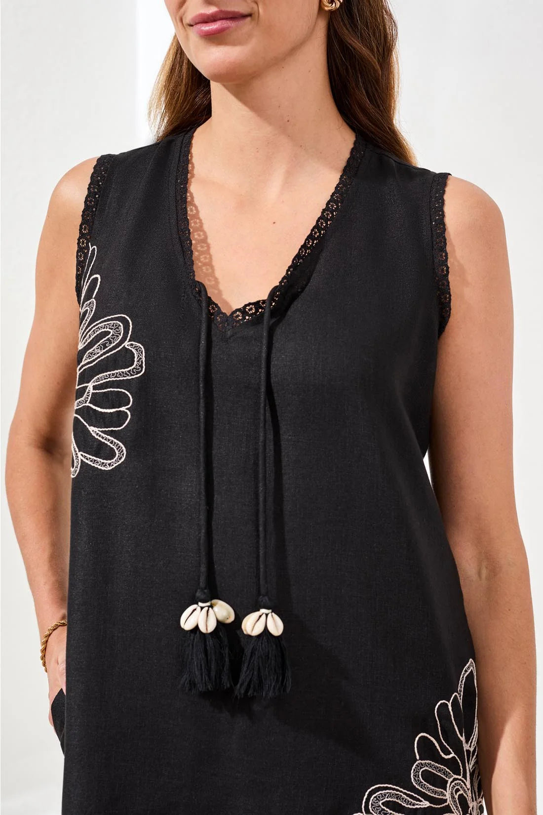 TRIBAL EMBROIDERED DRESS WITH TASSEL ACCENTS - BLACK - Vi-Leen's Fashions