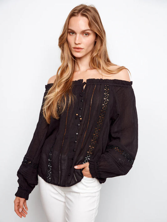CHARLIE B COTTON OFF THE SHOULDER BLOUSE - BLACK - Vi-Leen's Fashions