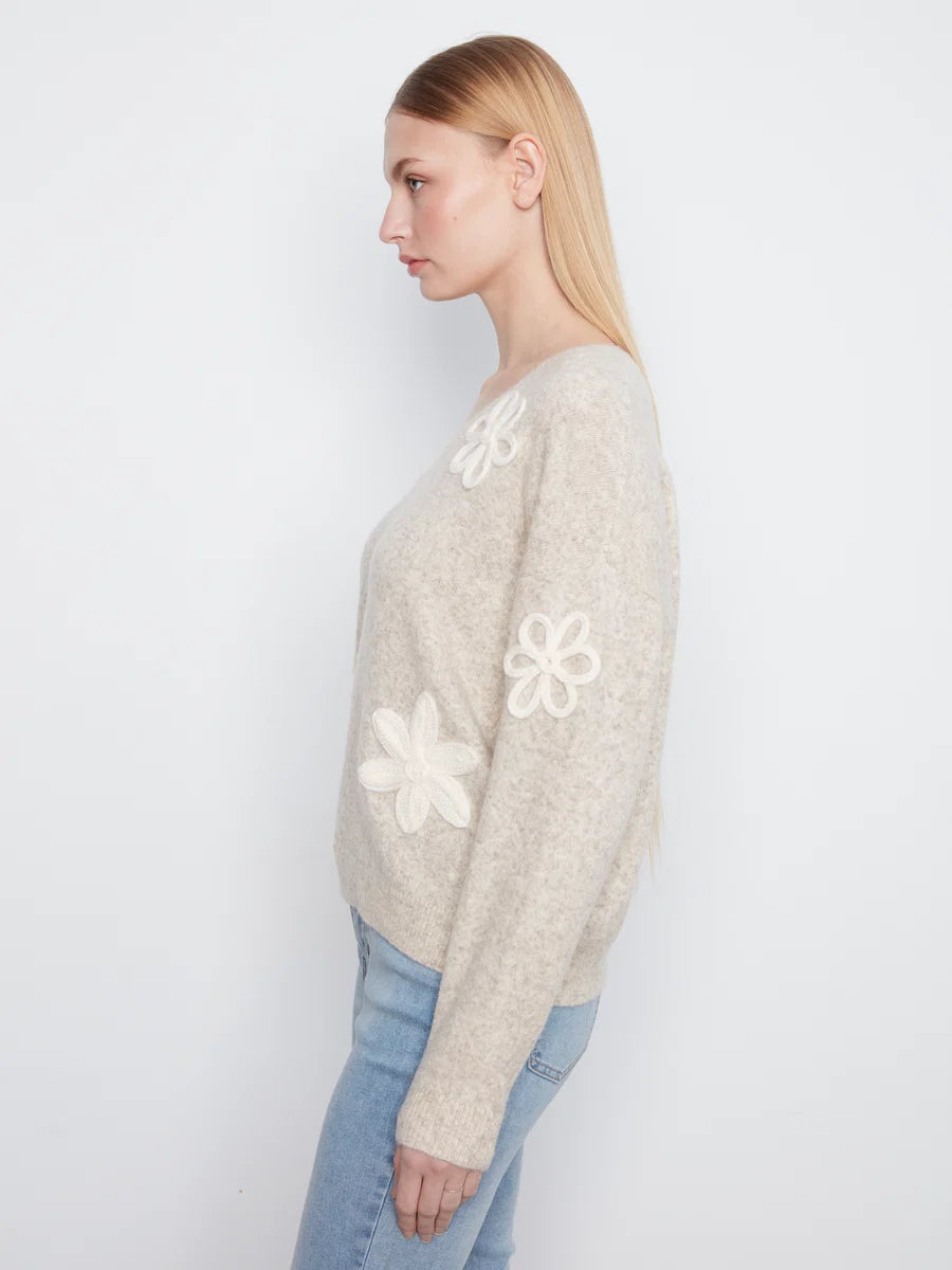 CHARLIE B V-NECK SWEATER WITH FLOWER APPLIQUE - ALMOND