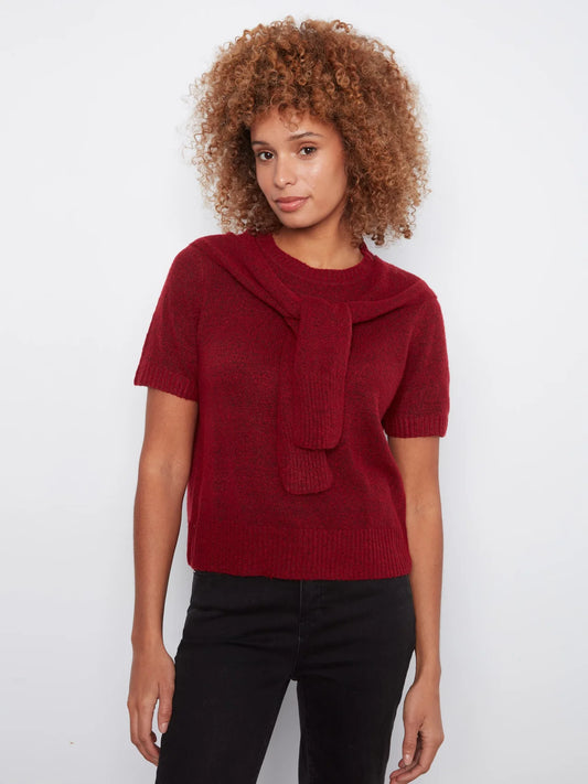 CHARLIE B SHORT SLEEVE SWEATER WITH SLEEVE DETAIL -EQUESTRIAN