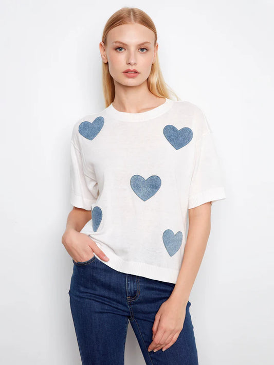 CHARLIE B DENIM PATCH CREW NECK SWEATER - HEARTS - Vi-Leen's Fashions