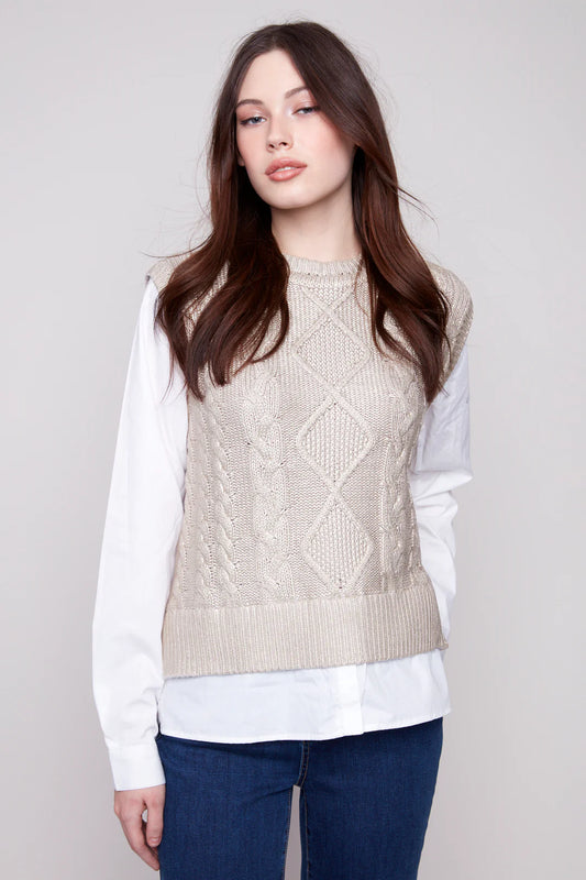 CHARLIE B CABLE FOIL KNIT VEST FOOLER - GOLD