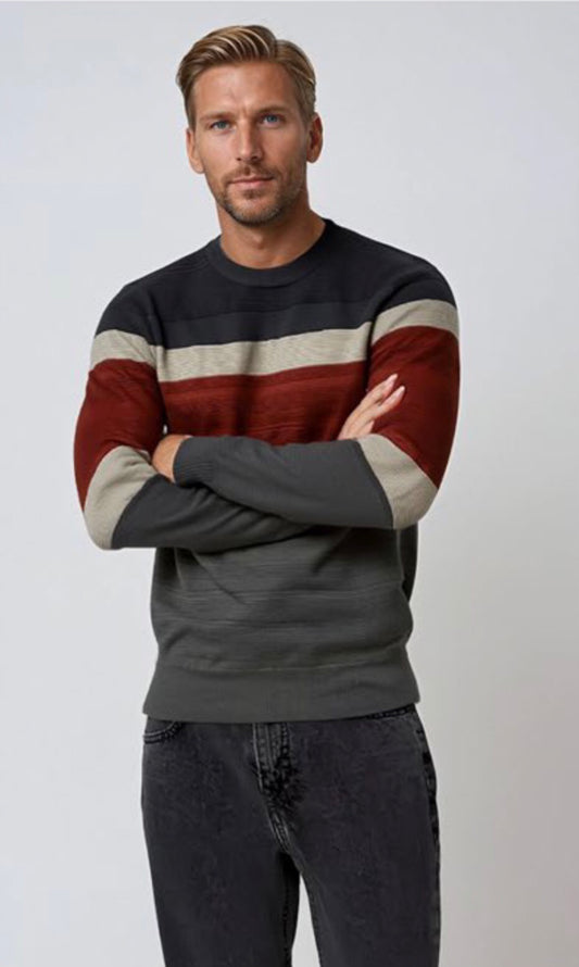 MEN'S POINT ZERO FINE GAUGE COLOR BLOCK SWEATER - PAPRIKA MIX