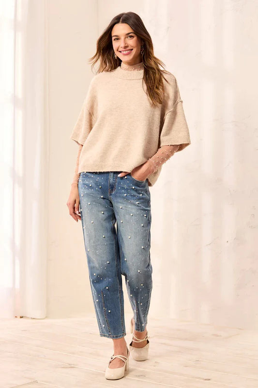 TRIBAL LOFTY ELBOW SLEEVE SWEATER - CREAM