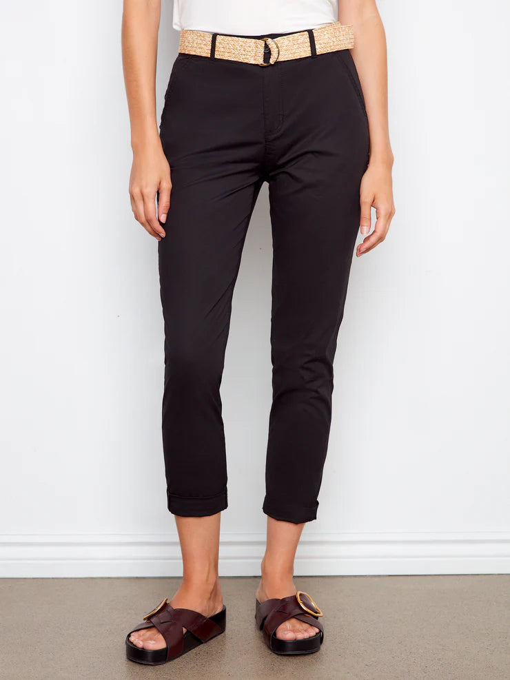 CHARLIE B STRETCH TWILL PANT WITH BELT - BLACK - Vi-Leen's Fashions