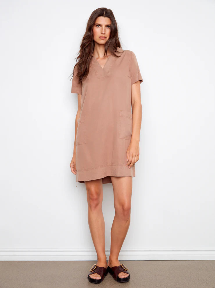 CHARLIE B COLLARED TENCEL DRESS WITH PATCH POCKETS - DESERT - Vi-Leen's Fashions