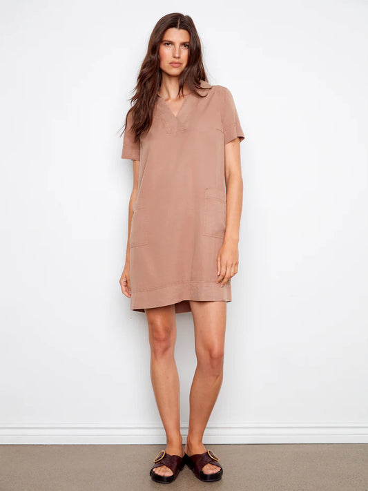 CHARLIE B COLLARED TENCEL DRESS WITH PATCH POCKETS - DESERT - Vi-Leen's Fashions