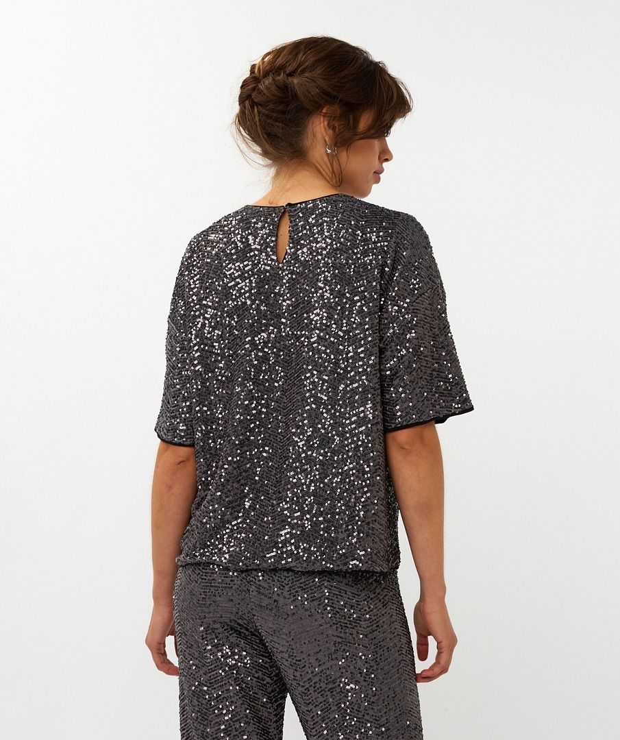 ESQUALO ALL OVER SEQUINS TOP - GREY