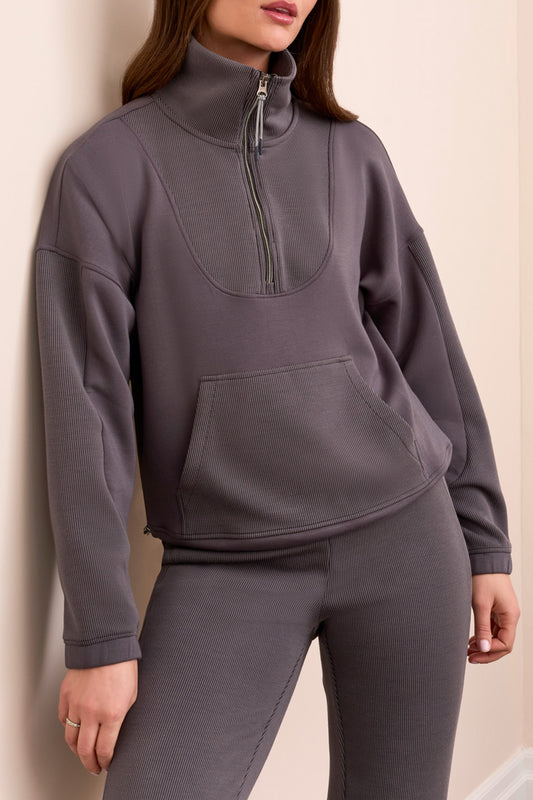 TRIBAL ZIPPER MOCK NECK PULLOVER - CHARCOAL