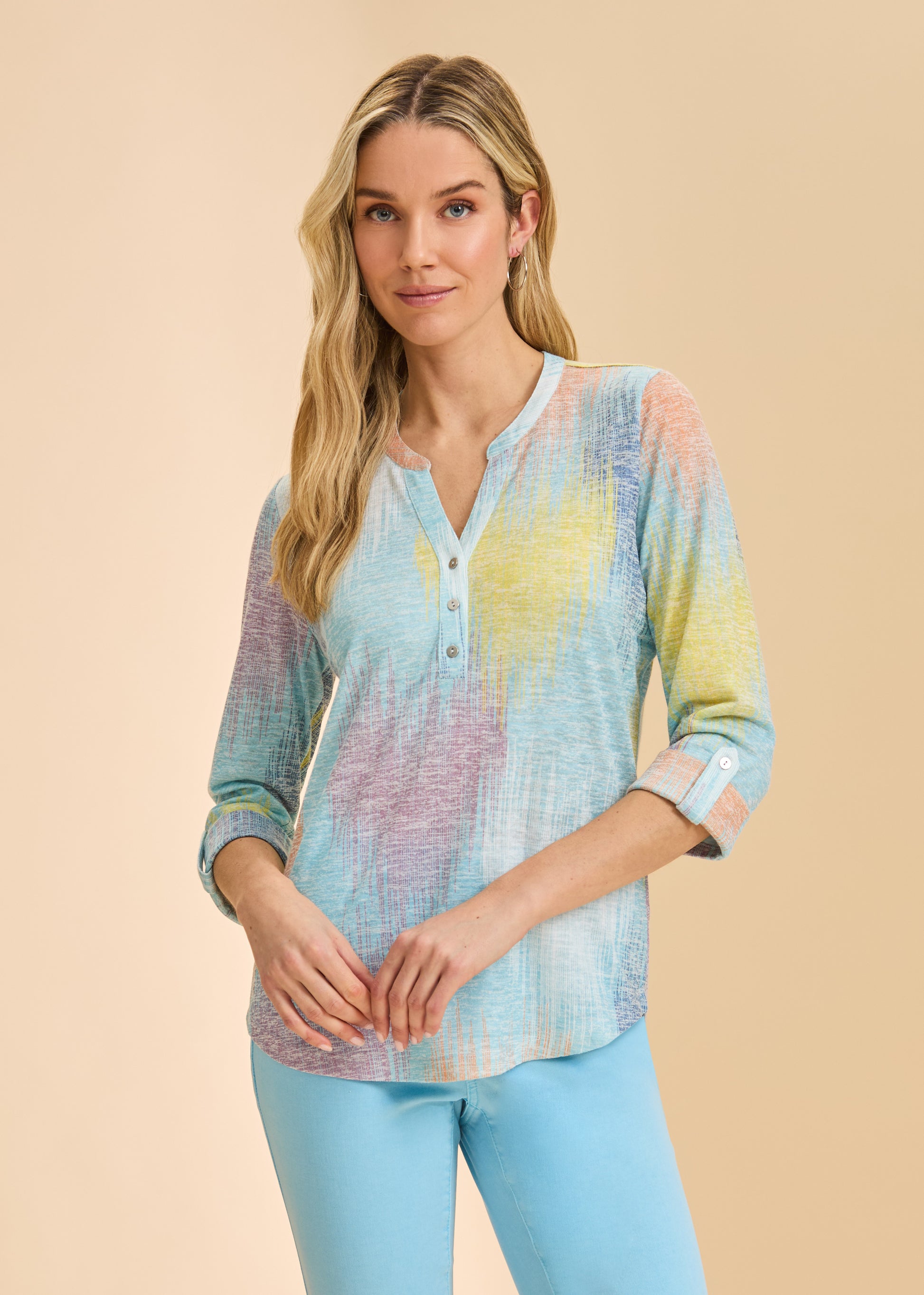 FDJ HENLEY PRINT V-NECK TOP - HEART IKAT - Vi-Leen's Fashions