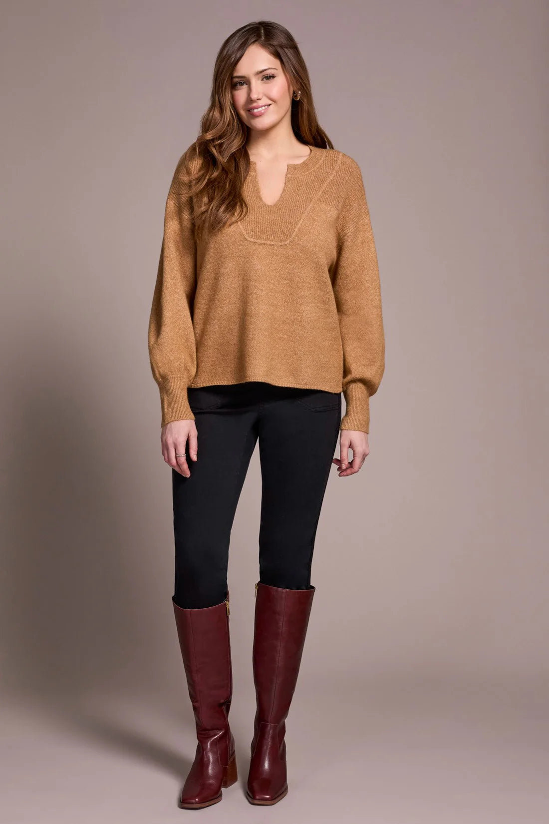 TRIBAL NOTCH NECKLINE SWEATER - ICE LATTE