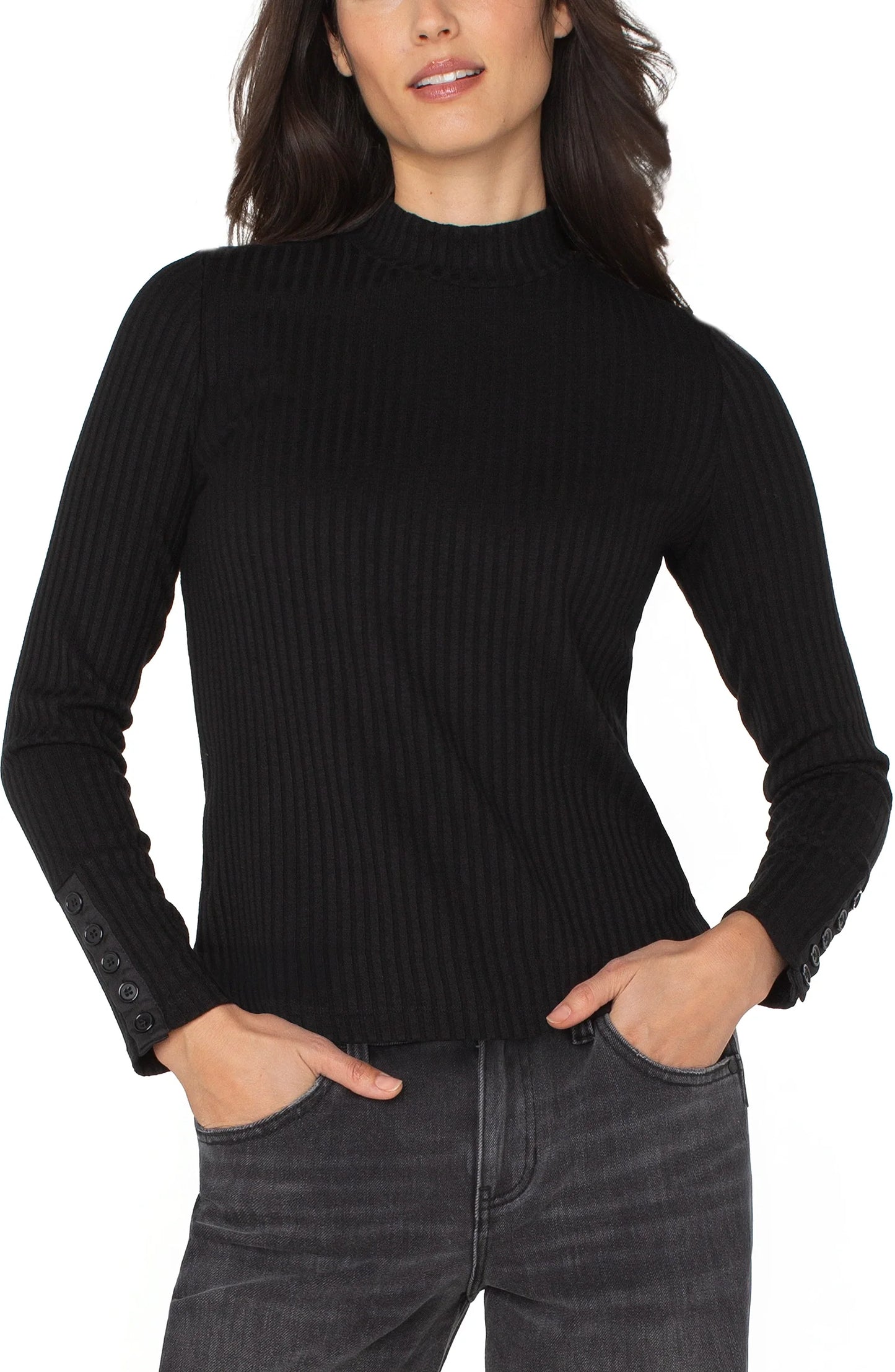 LIVERPOOL MOCK NECK TOP WITH BUTTON DETAIL ON SLEEVE - BLACK
