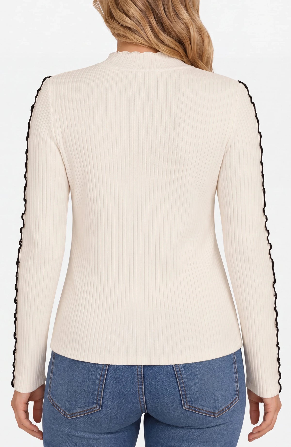 LIVERPOOL MOCK NECK SWEATER WITH SLEEVE DETAIL - CREAM/BLACK