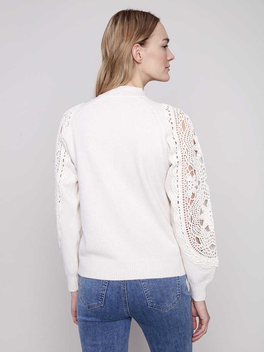 CHARLIE B CROCHET SLEEVE MOCK NECK SWEATER - ECRU