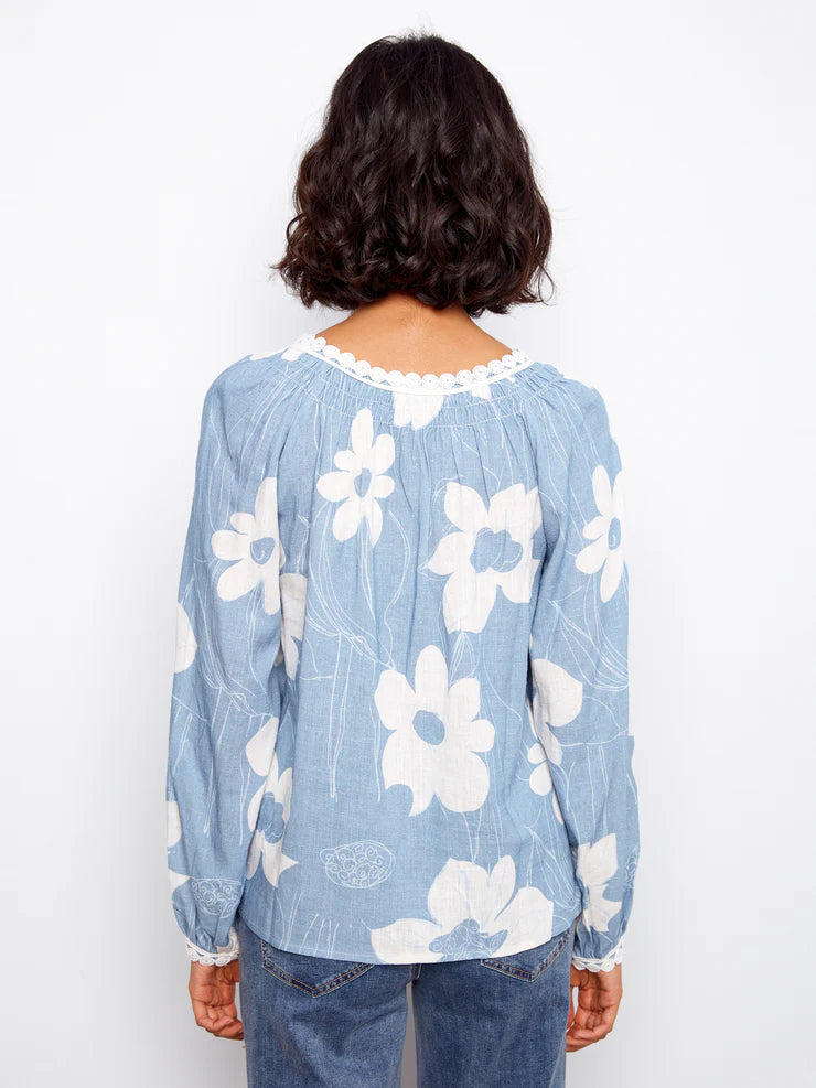 CHARLIE B PRINTED LONG SLEEVE BLOUSE - WATERLILY - Vi-Leen's Fashions