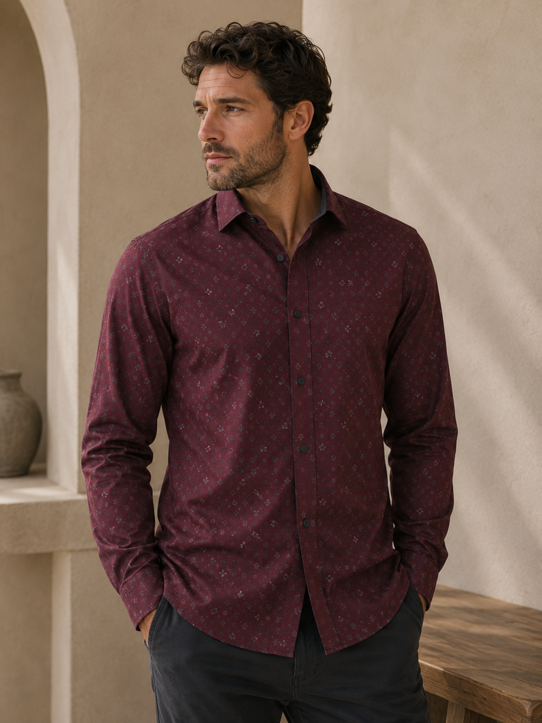 MEN'S POINT ZERO POLY/COTTON PRINT SHIRT - BORDO MIX