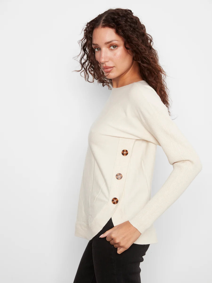 CHARLIE B BOAT NECK SWEATER WITH SIDE BUTTONS - NATURAL