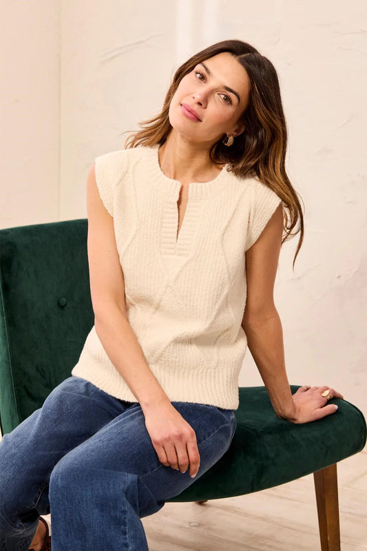 TRIBAL SPLIT NECK SWEATER VEST - CREAM