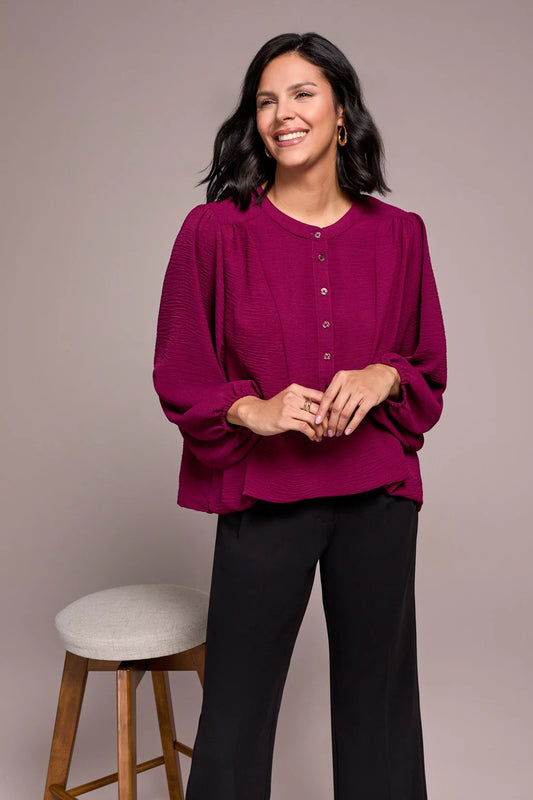 TRIBAL BLOUSE WITH FOLDED HEM - PLUM WINE
