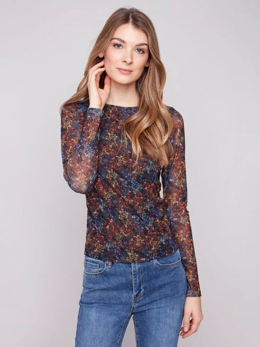 CHARLIE B PRINTED MESH TOP WITH GATHERING AT SIDES