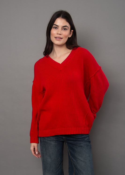 RD STYLE ISOBEL V-NECK PULLOVER - RED
