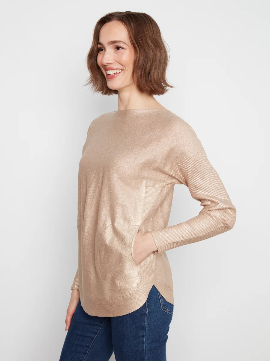 CHARLIE B FOILED PRINT SWEATER WITH LACE BACK - BRASS - Vi-Leen's Fashions