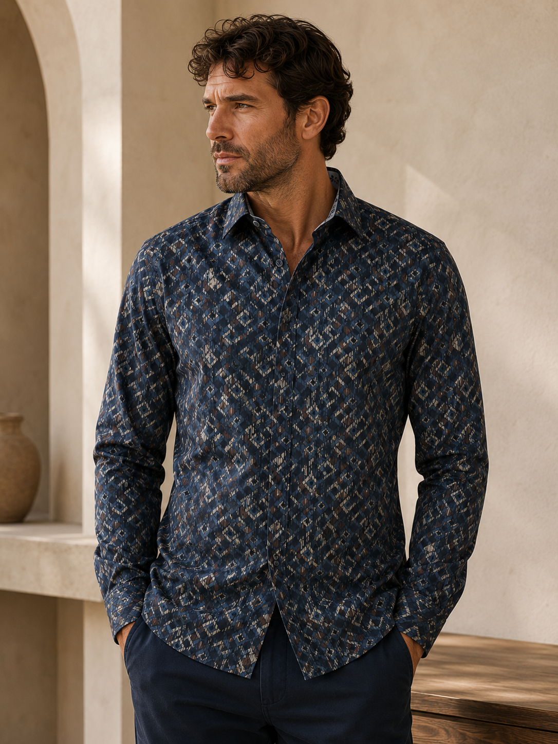 MEN'S POINT ZERO 4 WAY STRETCH PRINT SHIRT - NAVY