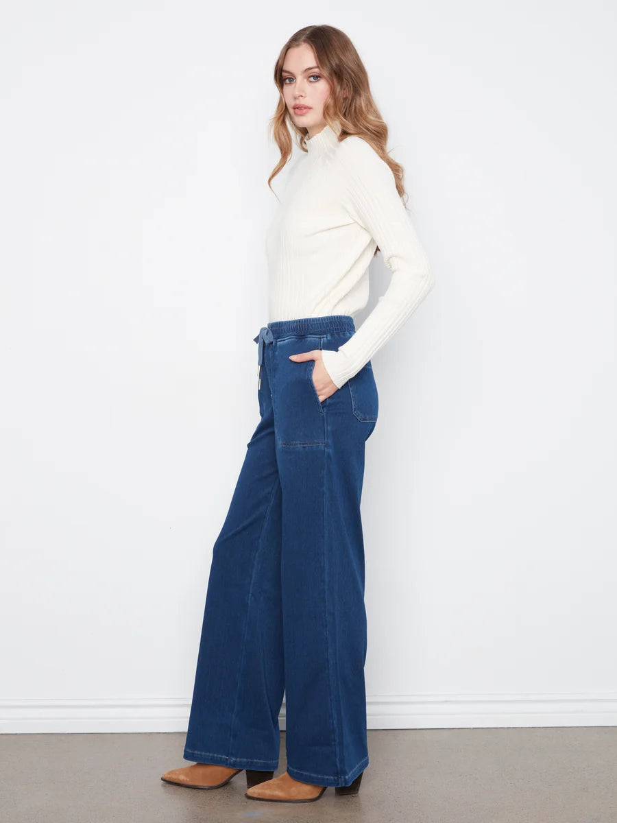 CHARLIE B KNIT DENIM WIDE LEG JOGGER PANT - INDIGO - Vi-Leen's Fashions