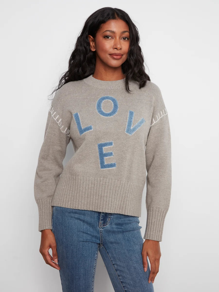 CHARLIE B DROP SHOULDER SWEATER WITH DENIM PATCH - GREY