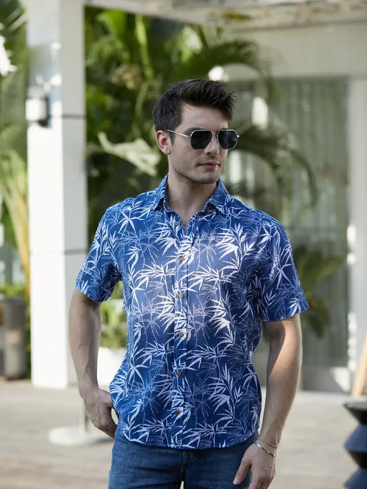 MEN'S BAMBOO PRINT COTTON SHIRT - BLUE