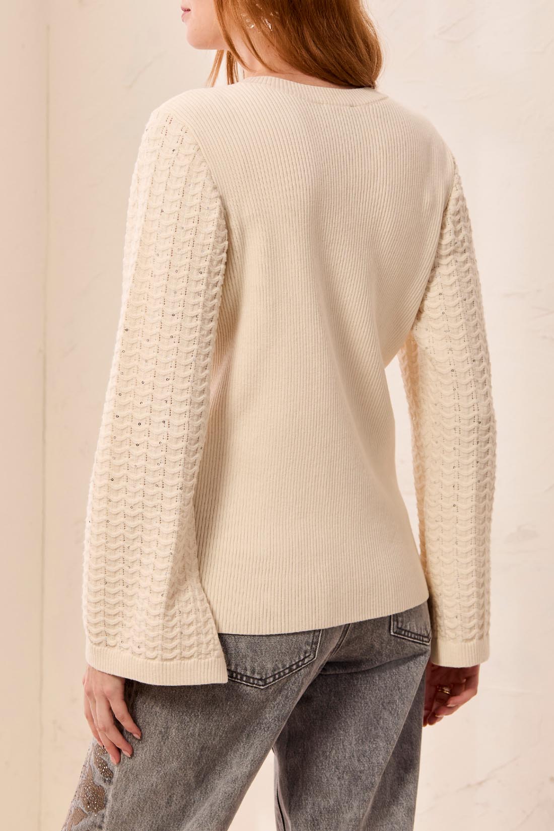 TRIBAL SWEATER WITH SLEEVE DETAIL - CREAM