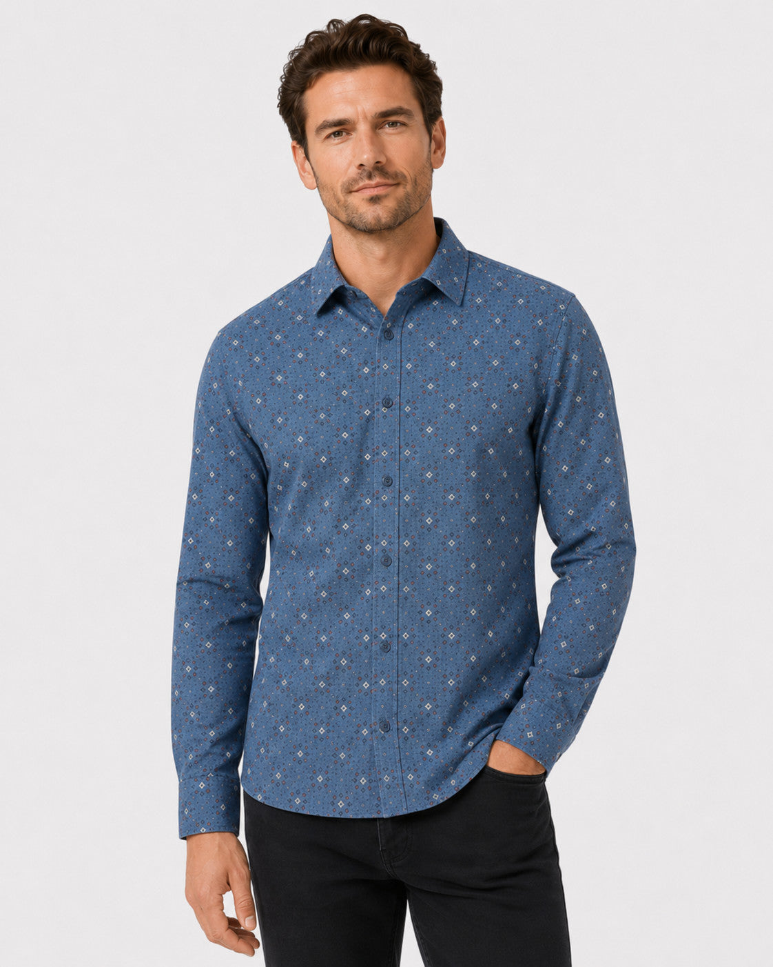MEN'S POINT ZERO POLY/COTTON LUXURY PRINT SHIRT - CHAMBRAY MIX - Vi-Leen's Fashions
