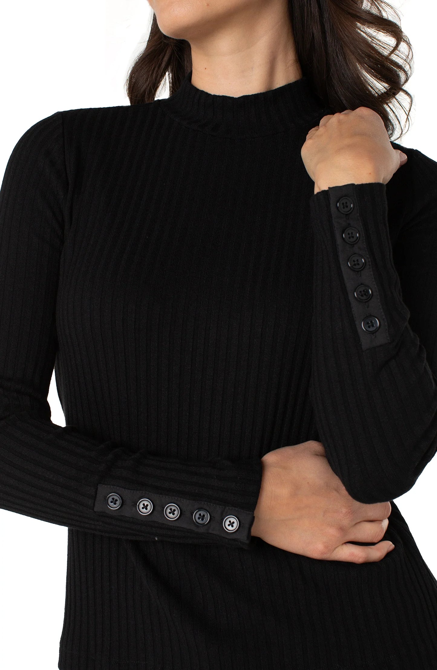 LIVERPOOL MOCK NECK TOP WITH BUTTON DETAIL ON SLEEVE - BLACK