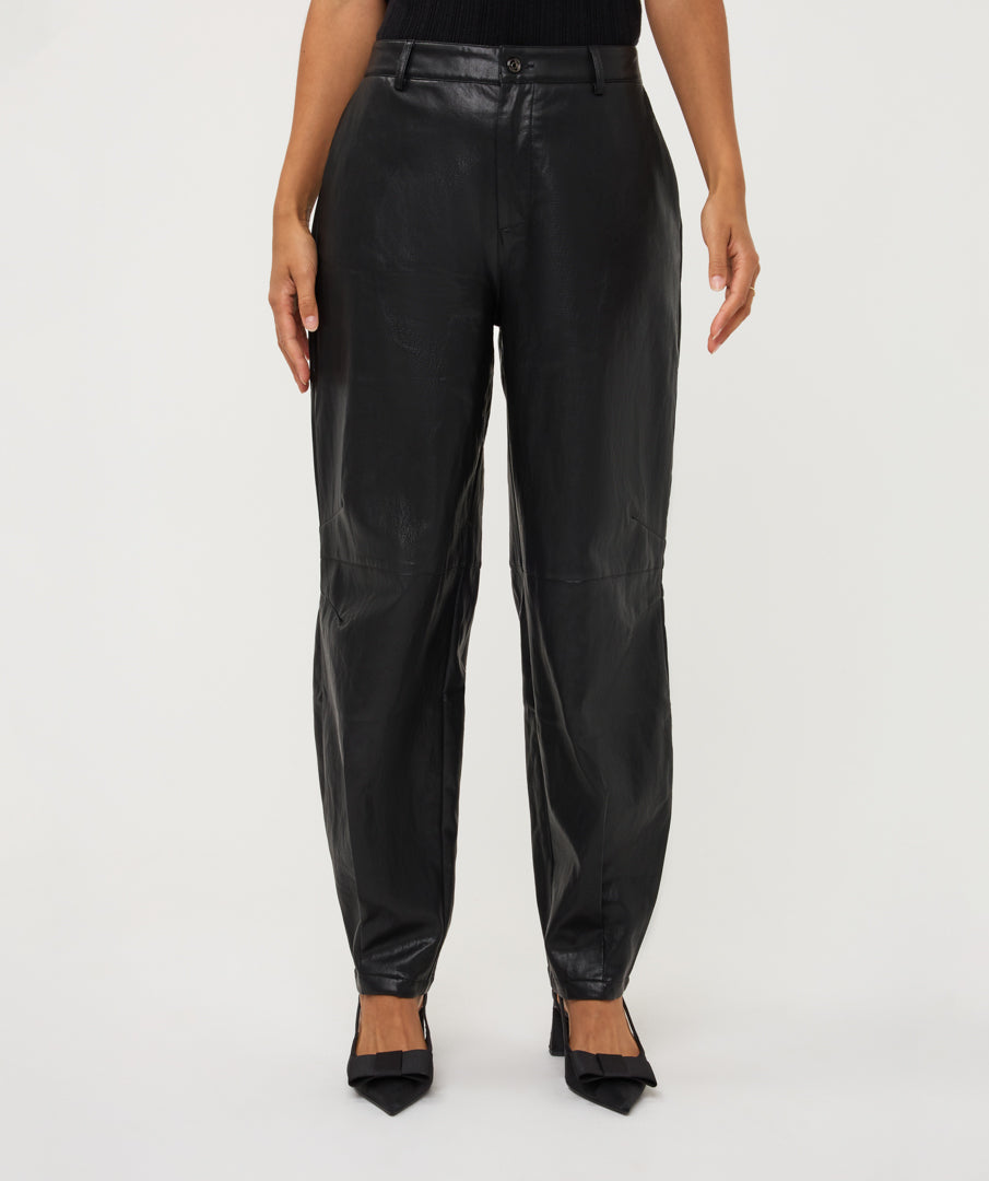 ESQUALO FAUX LEATHER BARREL WIDE TROUSER - BLACK - Vi-Leen's Fashions