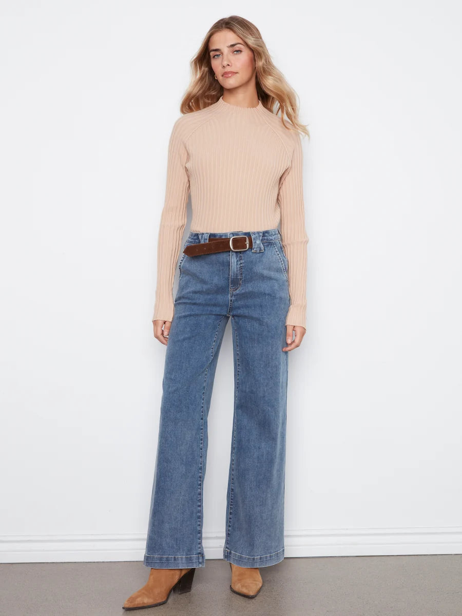 CHARLIE B FLARE LEG JEAN WITH ATTACHED BELT - MEDIUM BLUE - Vi-Leen's Fashions