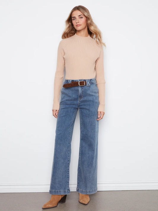 CHARLIE B FLARE LEG JEAN WITH ATTACHED BELT - MEDIUM BLUE - Vi-Leen's Fashions