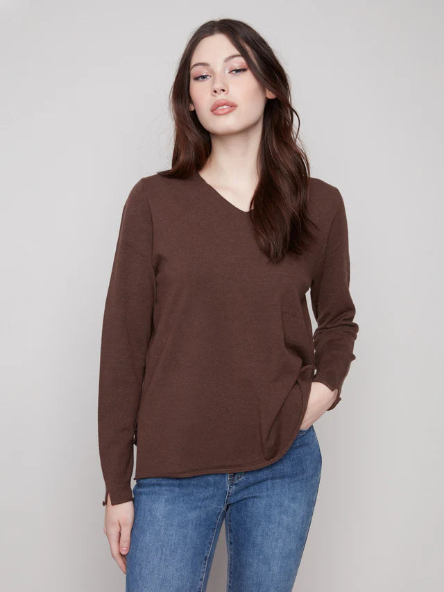 CHARLIE B LONG SLEEVE V-NECK SWEATER - MOCHA